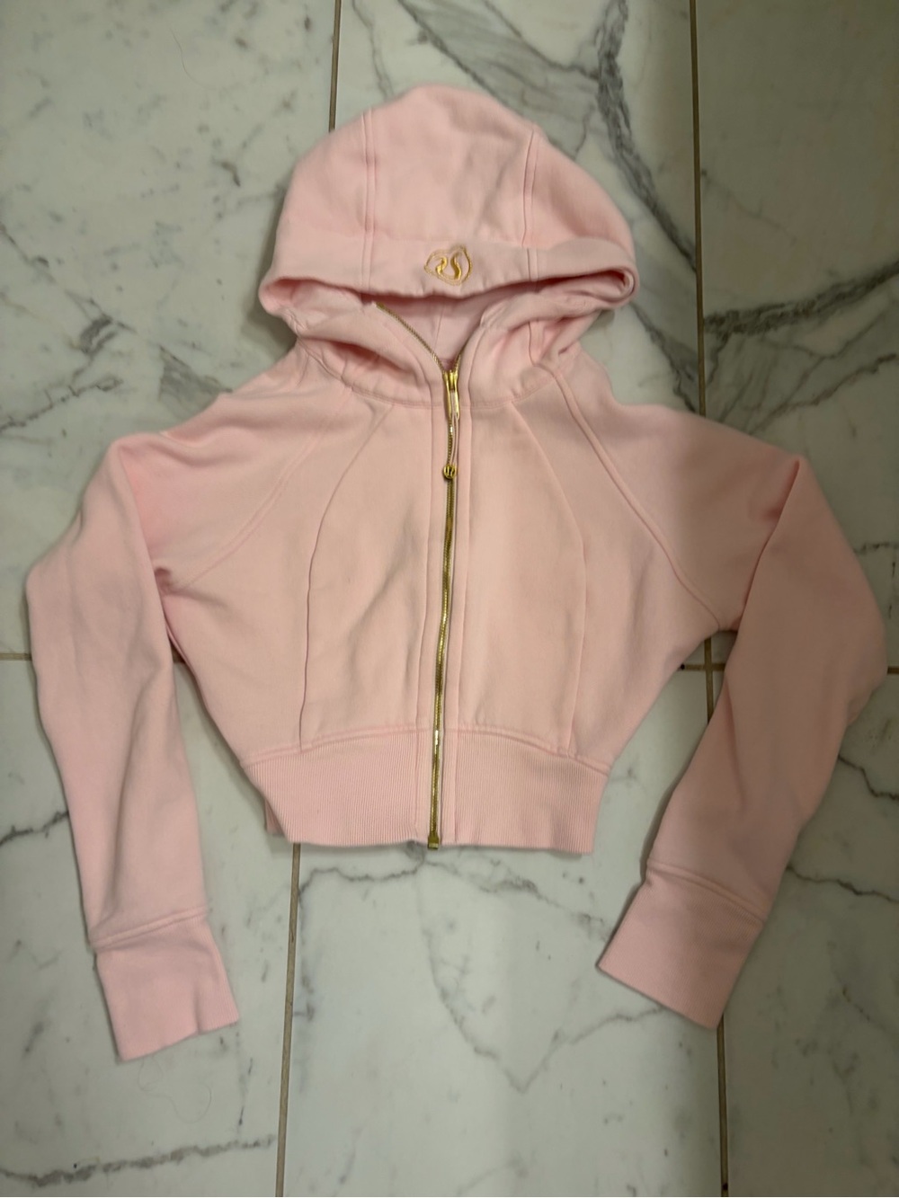 Lululemon Women’s Pink Cropped Hoodie Jacket with Gold Zip - XXS